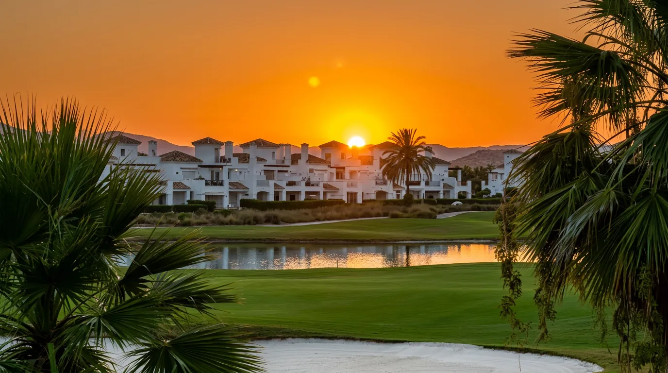 Golf course and lake view from the Casa Sylvia terrace at sunset